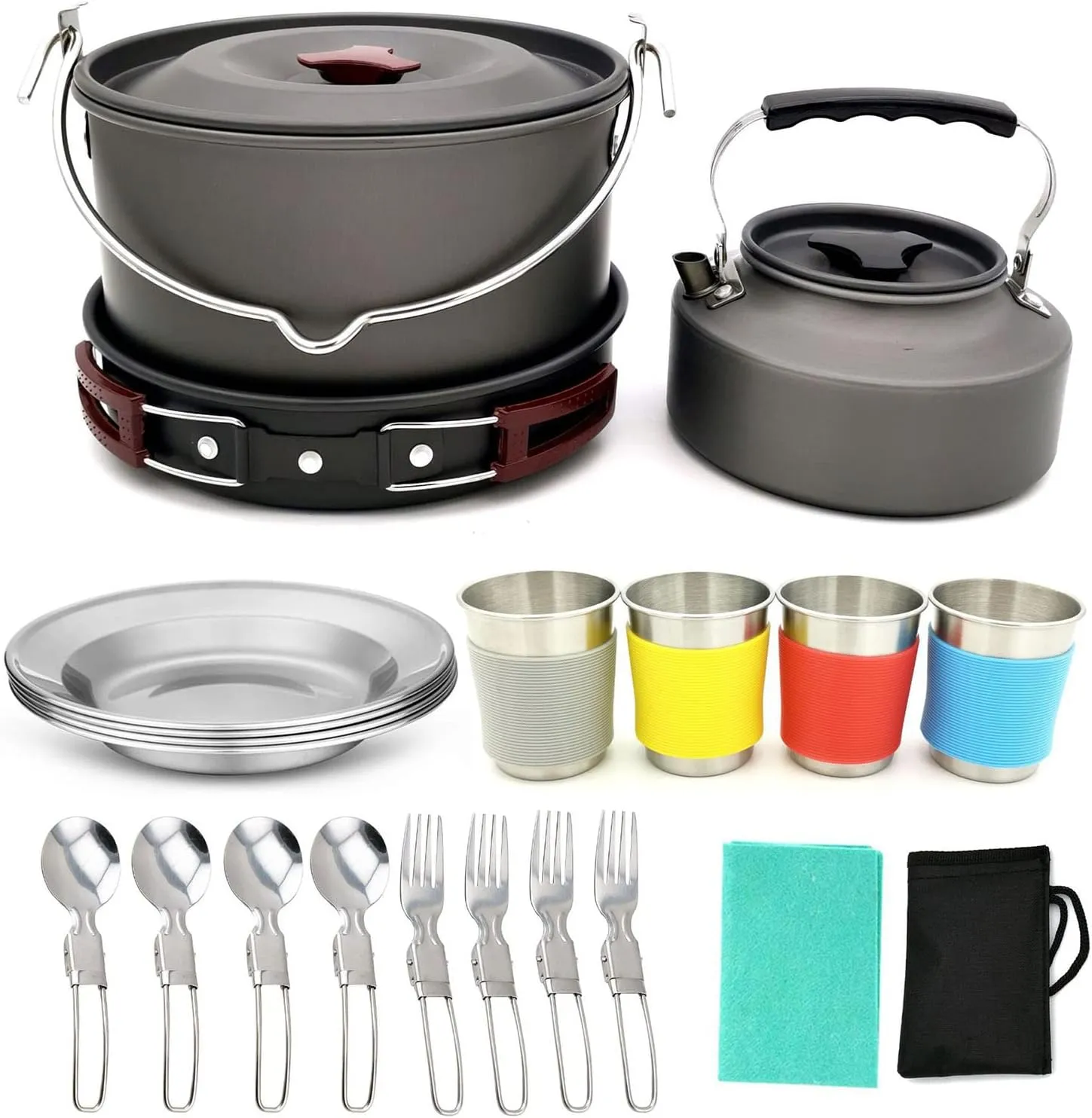 Camping Folding Aluminium Cookware Tableware Coffeepots and Mugs Set,Suitable for 4 People,Mini Camping Stove for Picnic Hiking