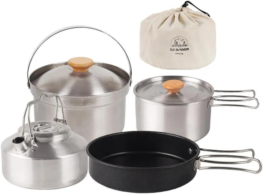 Camping Hiking Cookware Set Outdoor Portable Picnic Cookware Kit Stainless Steel Pot Frying Pan Kettle Set Travel Cooking Accessory,Cookware Set