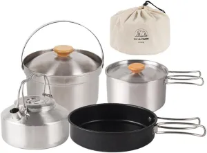 Camping Hiking Cookware Set Portable Picnic Cookware Kit Stainless Steel Pot Frying Pan Kettle Set Travel Cooking Accessory