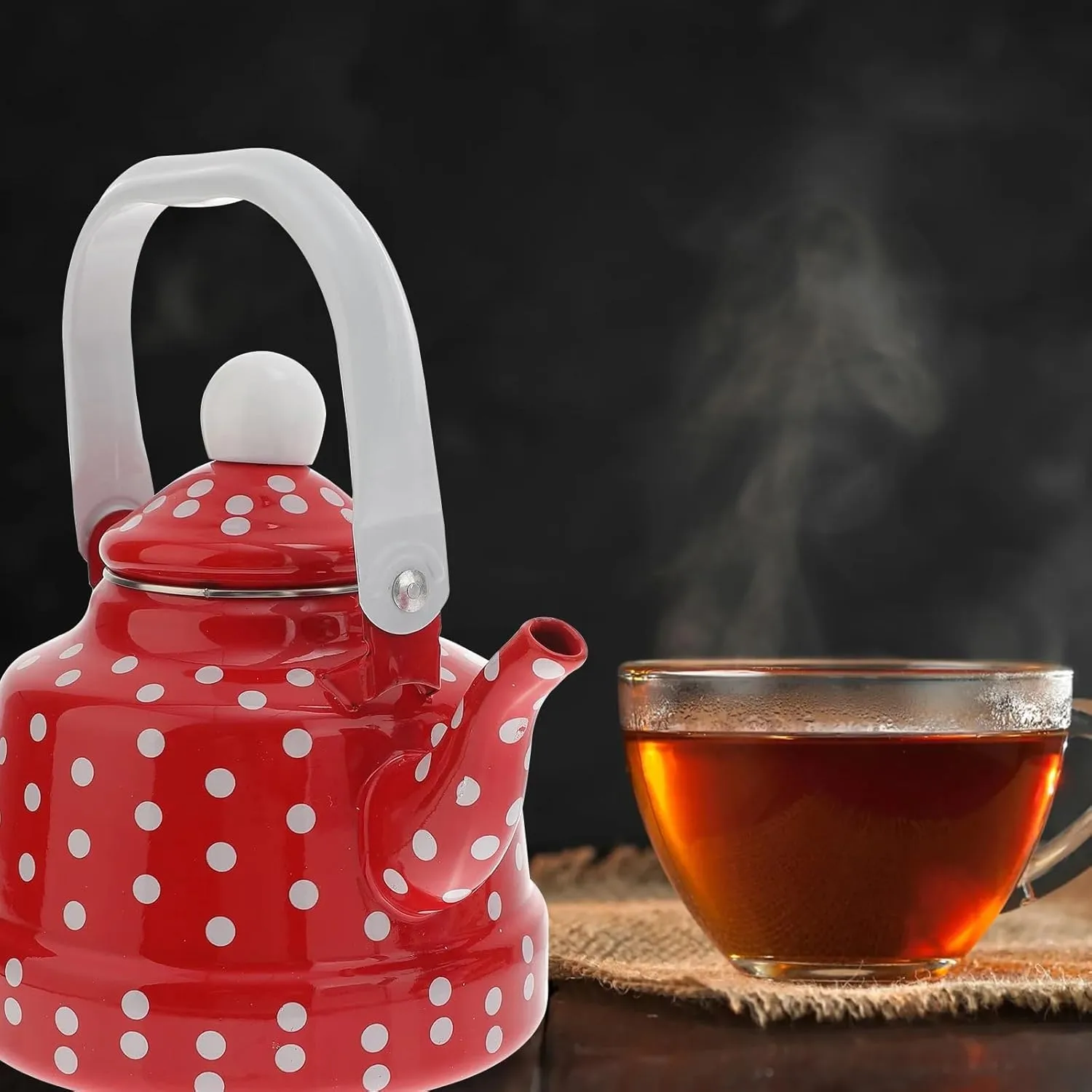 Camping Kettle, Enamel Teapot for Stove Top Red Polka Dot Coffee Tea Pot, Vintage Enameled Tea Kettles(1.7L)