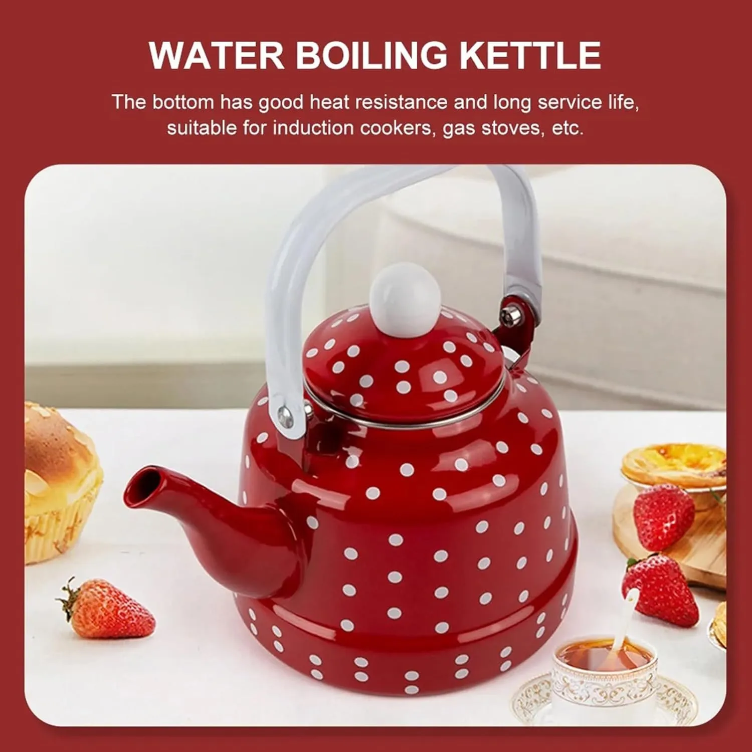 Camping Kettle, Enamel Teapot for Stove Top Red Polka Dot Coffee Tea Pot, Vintage Enameled Tea Kettles(1.7L)