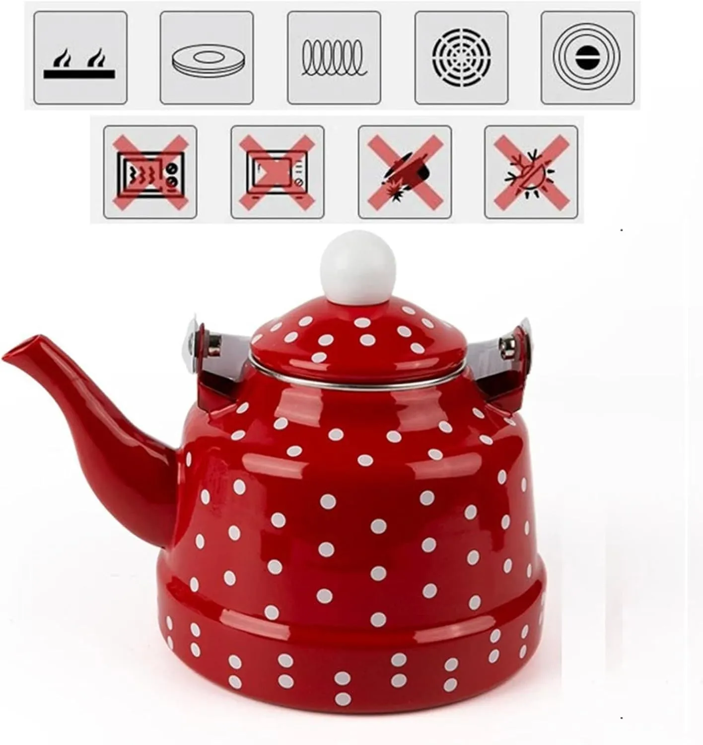 Camping Kettle, Enamel Teapot for Stove Top Red Polka Dot Coffee Tea Pot, Vintage Enameled Tea Kettles(1.7L)