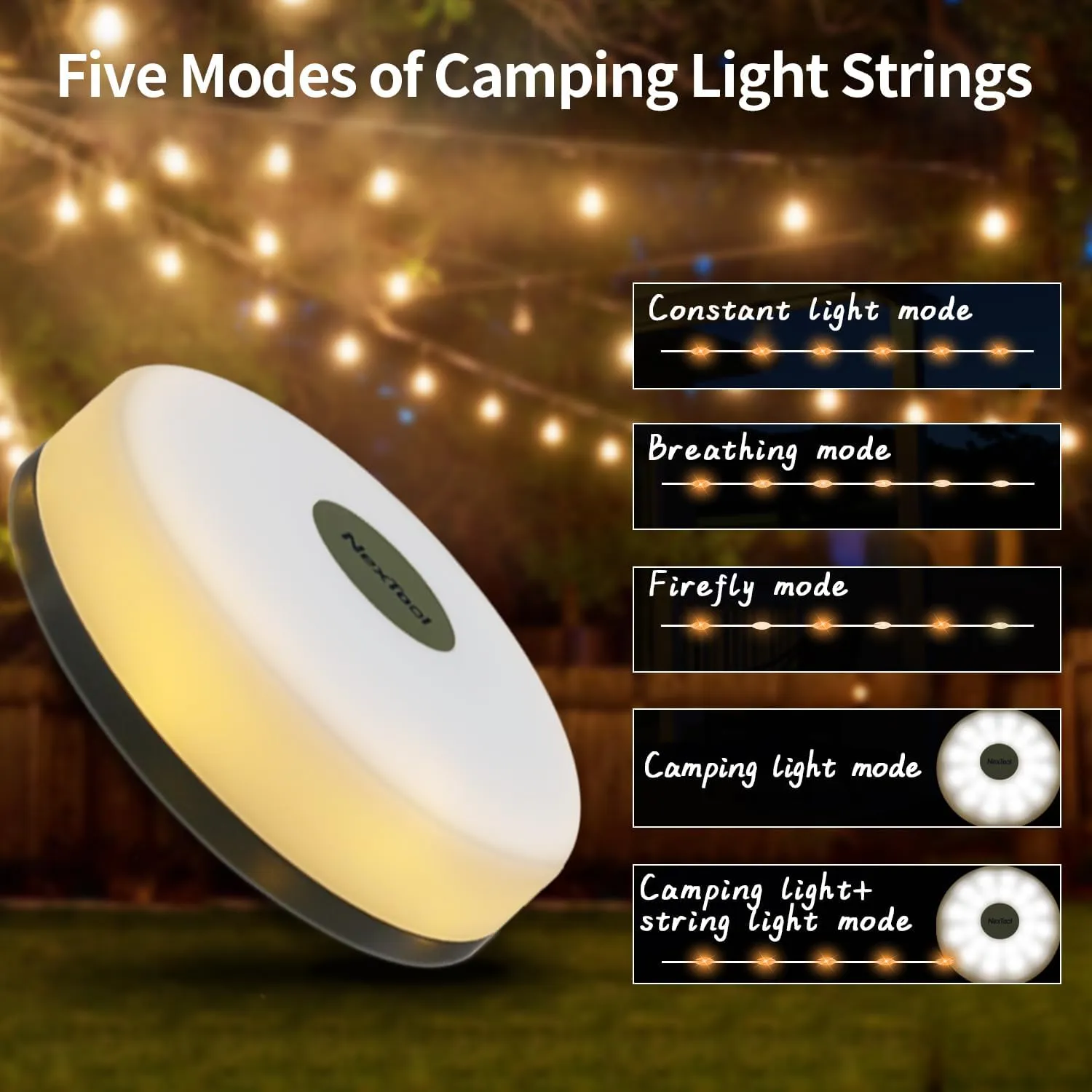 Camping Lights String, Outdoor String Light with 5 Lighting Modes, Quick 30s Recovery, Durable and Waterproof, USB Charging - Portable Camping Lights for Yard/Hiking (32.8ft)