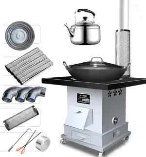 Camping Stove, Stainless Steel Wood Burning Stove with Wok and 7L Kettle and Accessories, Removable casters for Indoor and Outdoor Cooking and Heating (Size : L50*W50*H61CM)