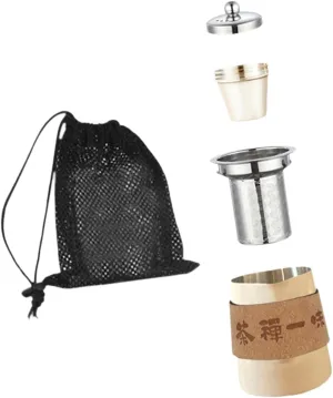Camping Tea Kettle Mugs Set Camp Tableware Anti Scalding Easy to Clean with Mesh Storage Bag for Household Office Backpacking, beige