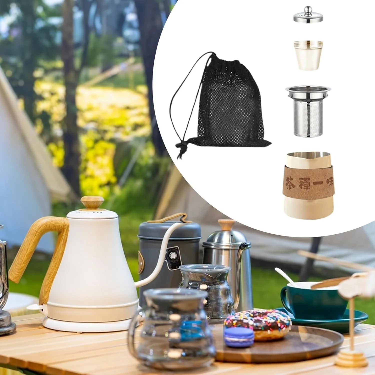 Camping Tea Kettle Mugs Set Camp Tableware Anti Scalding Easy to Clean with Mesh Storage Bag for Household Office Backpacking, beige