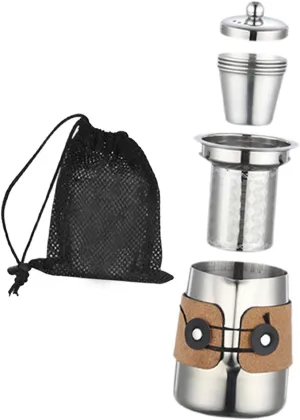 Camping Tea Kettle Mugs Set with 4 Teacups, Compact Anti Scalding Stainless Steel Tea Pot for Office, Hotel, Travel Gift- Silver
