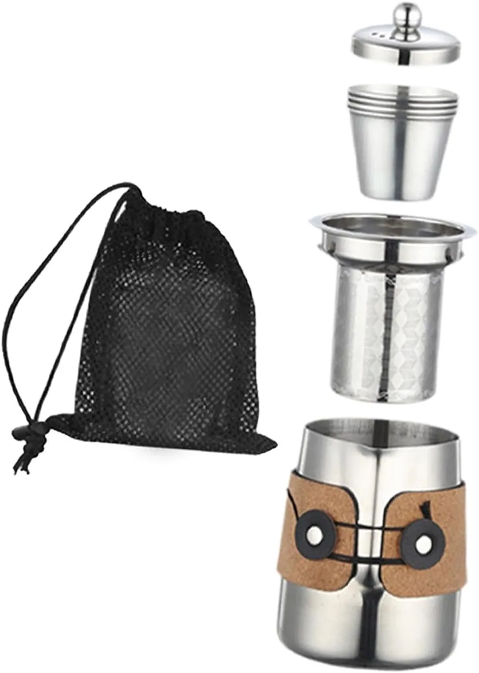 Camping Tea Kettle Mugs Set with 4 Teacups, Compact Anti Scalding Stainless Steel Tea Pot for Office, Hotel, Travel Gift- Silver