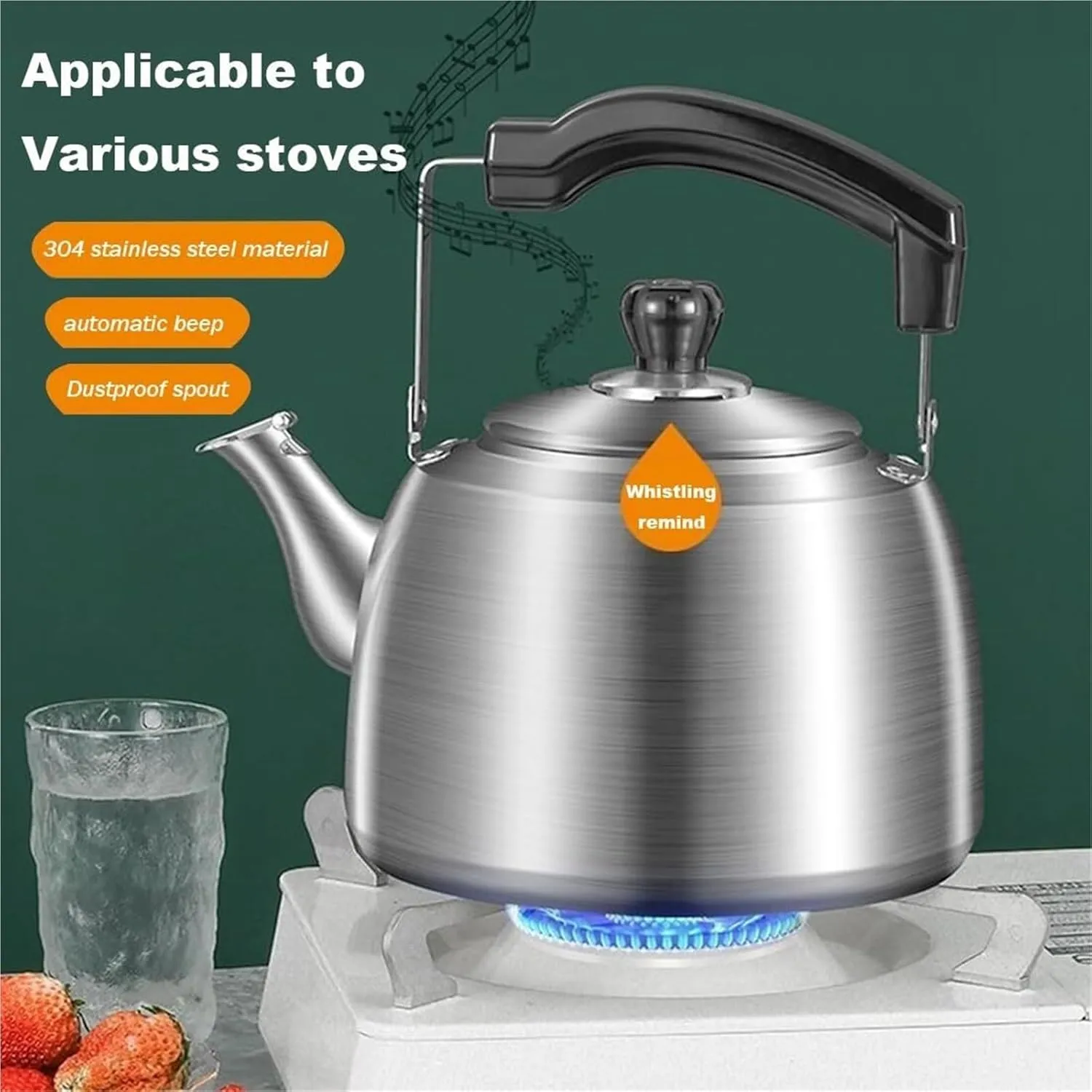 Camping Teapot, Tea Kettle Stovetop, 304 Food Grade Stainless Steel Whistling Tea Pot with Cool Touch Ergonomic Folding Handle for Family Kitchens and Restaurants(5L)