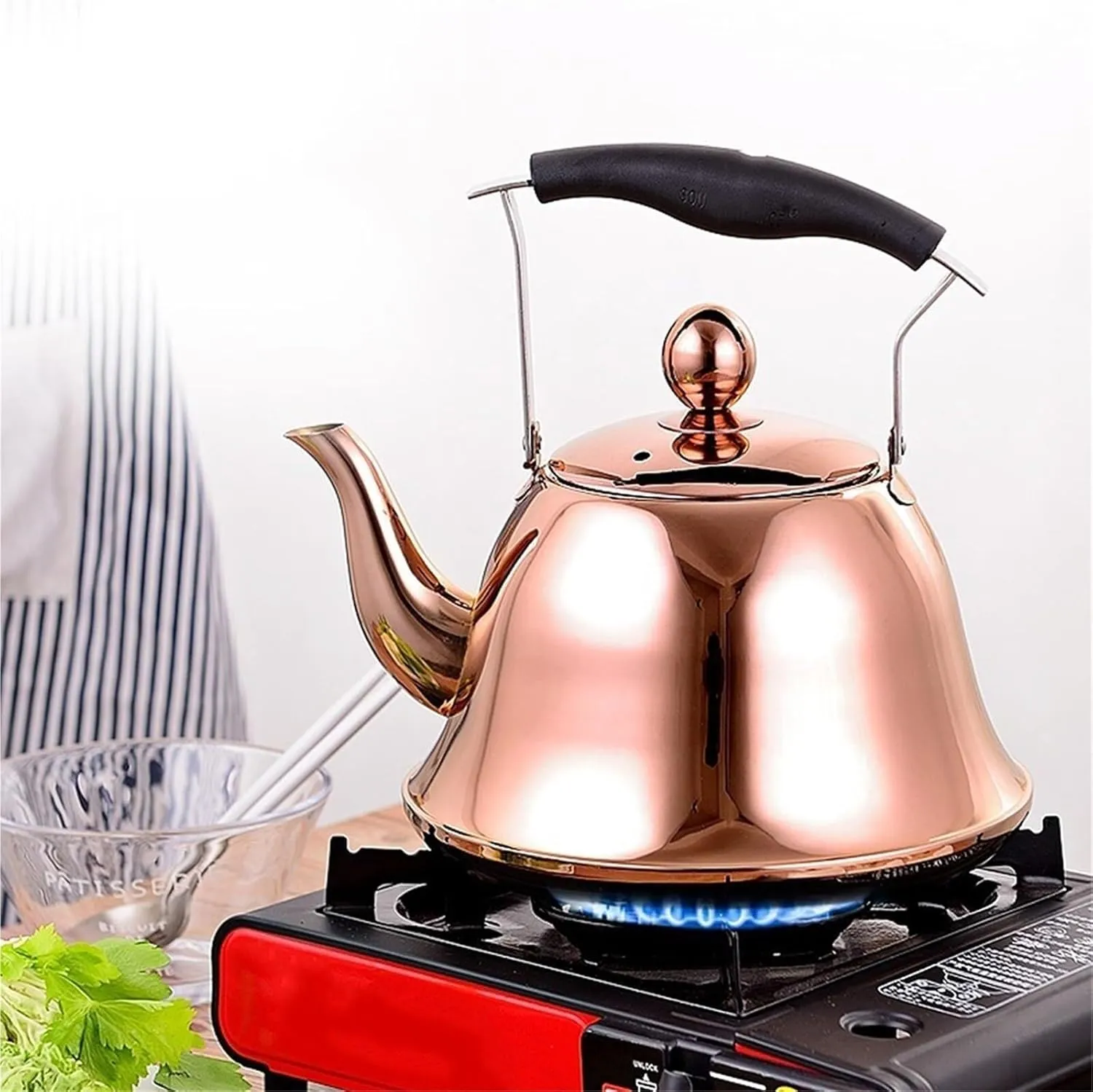 Camping Teapot, Tea Kettle Stovetop Whistling Food Grade 304 Stainless Steel, Fast Water Boiler, Teakettle with Cool Ergonomic Handle(4.2 Quarts)