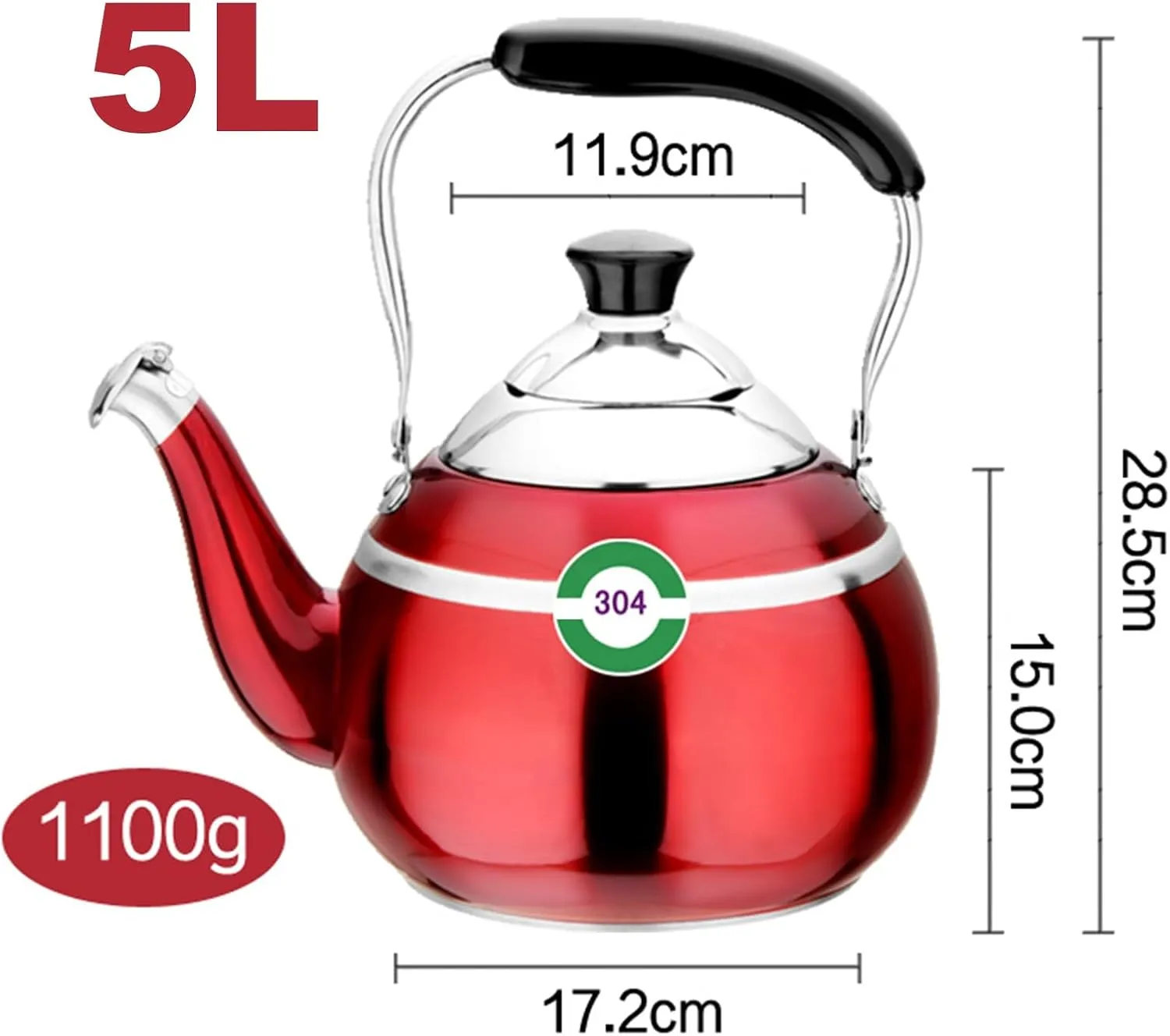 Camping Teapot, Whistling Tea Kettles for Stove Top, 304 Stainless Steel Teapot with Anti-Hot Handle Universal Base for Induction | Gas | Electric | Halogen |(5L)
