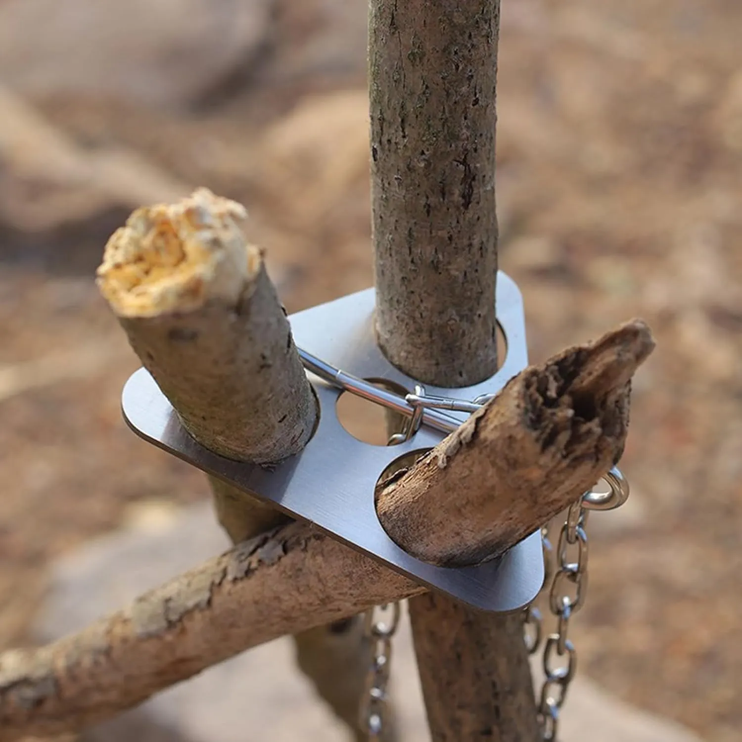 Camping Tripod Board Turn Branches into Campfire Tripod, Stainless Steel Campfire Support Plate with Adjustable Chain for Outdoor Cooking Hanging Grill Cookware, Grill Net&3 Points Chain Set