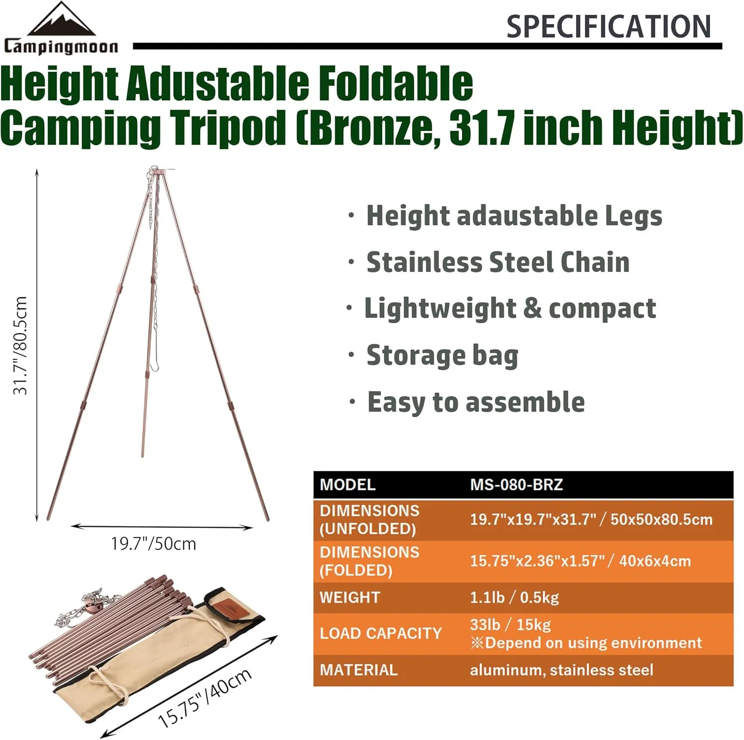 CAMPINGMOON Camping Campfire Tripod with Carrying Bag Portable Lightweight Aluminum 31.5-inch Height Stainless Steel Chain Bronze
