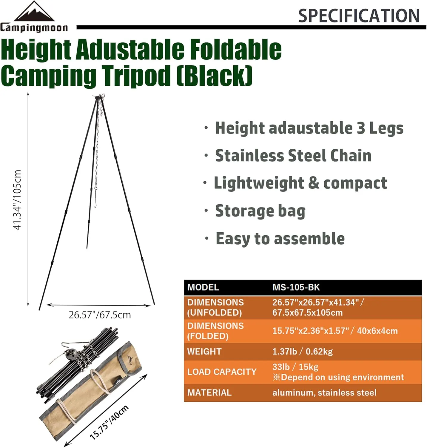 CAMPINGMOON Camping Campfire Tripod with Carrying Bag Portable Lightweight Aluminum 41.3-inch Height Stainless Steel Chain