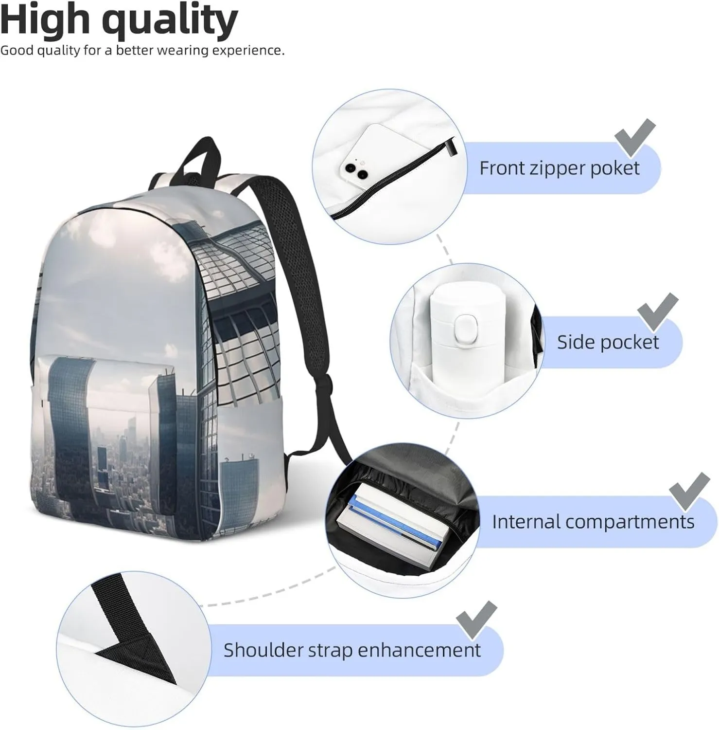 Canvas Backpack for Men Women Lightweight Laptop Backpack Skyscraper Buildings Laptop Bag Daypack for Travel