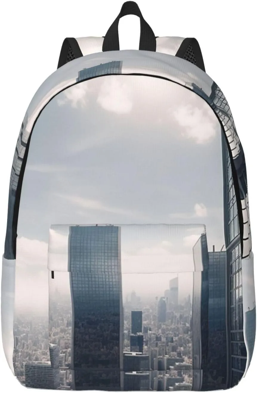 Canvas Backpack for Men Women Lightweight Laptop Backpack Skyscraper Buildings Laptop Bag Daypack for Travel