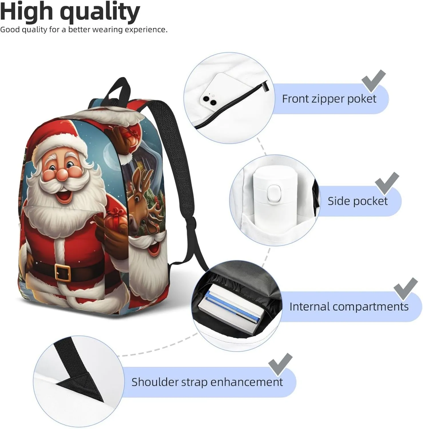 Canvas Backpack Santa christmas zoom Travel Laptop Backpack Casual Daypack Carry On Rucksack for Men Women Small