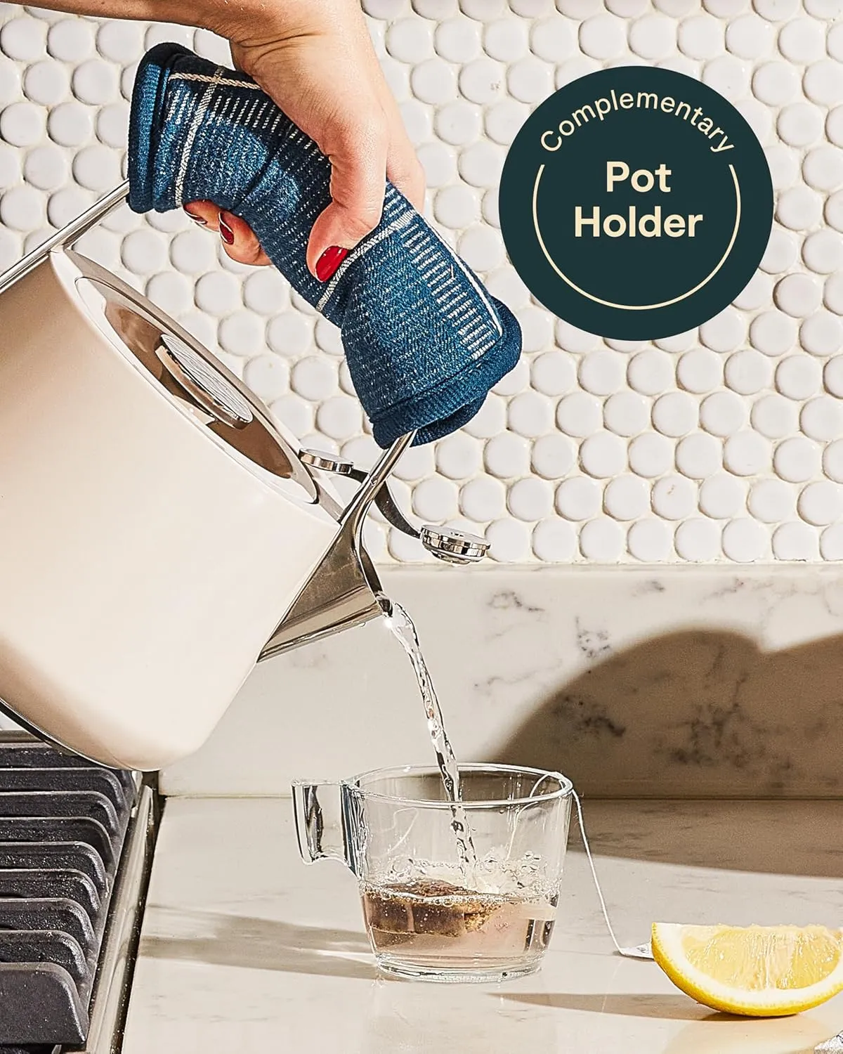 Caraway 2 Quart Whistling Tea Kettle - Durable Stainless Steel Tea Pot - Fast Boiling, Stovetop Agnostic - Non-Toxic, PTFE & PFOA Free - Includes Pot Holder - Marigold