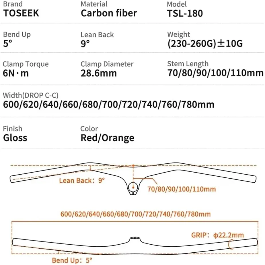 Carbon Mountain Bike Handlebars and Stem -10Degree Integrated MTB Handlebar Width 600-780mm Bicycle Handlebar Bicycle Handlebar and 70-110mm Stem for Mountain Bike (Red,740x100mm)