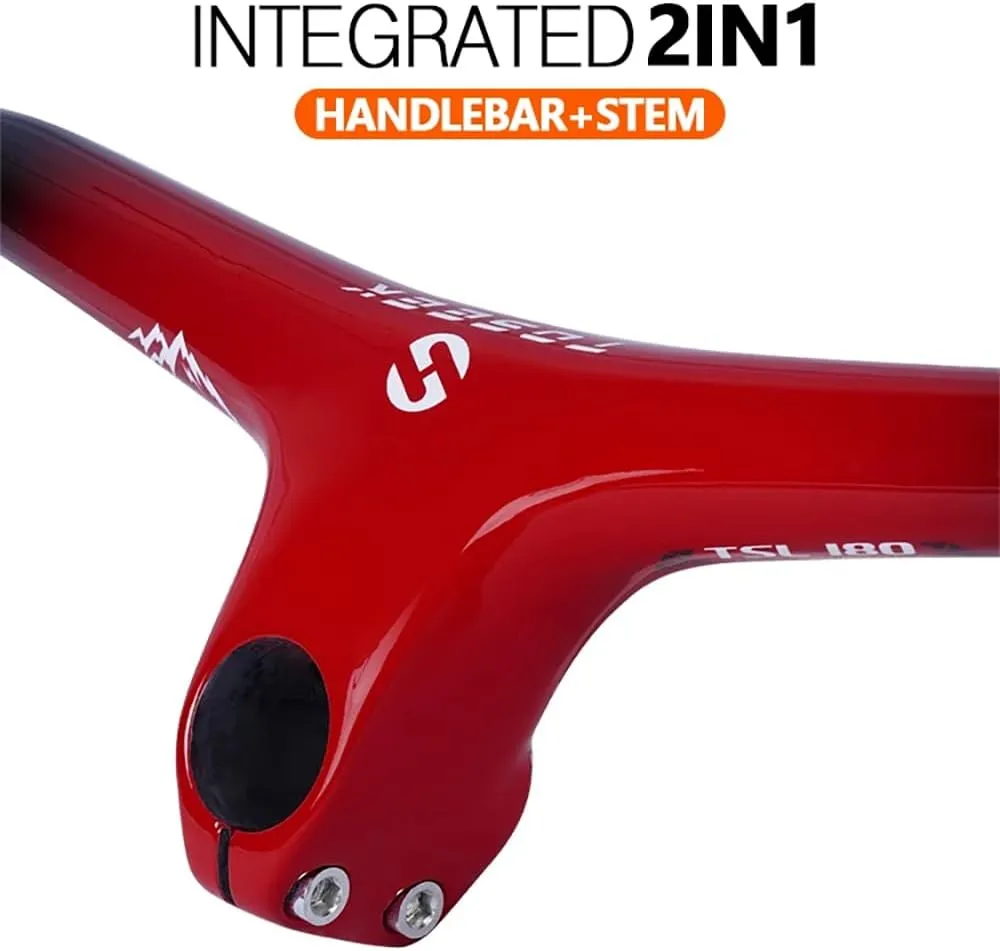 Carbon Mountain Bike Handlebars and Stem -10Degree Integrated MTB Handlebar Width 600-780mm Bicycle Handlebar Bicycle Handlebar and 70-110mm Stem for Mountain Bike (Red,740x100mm)