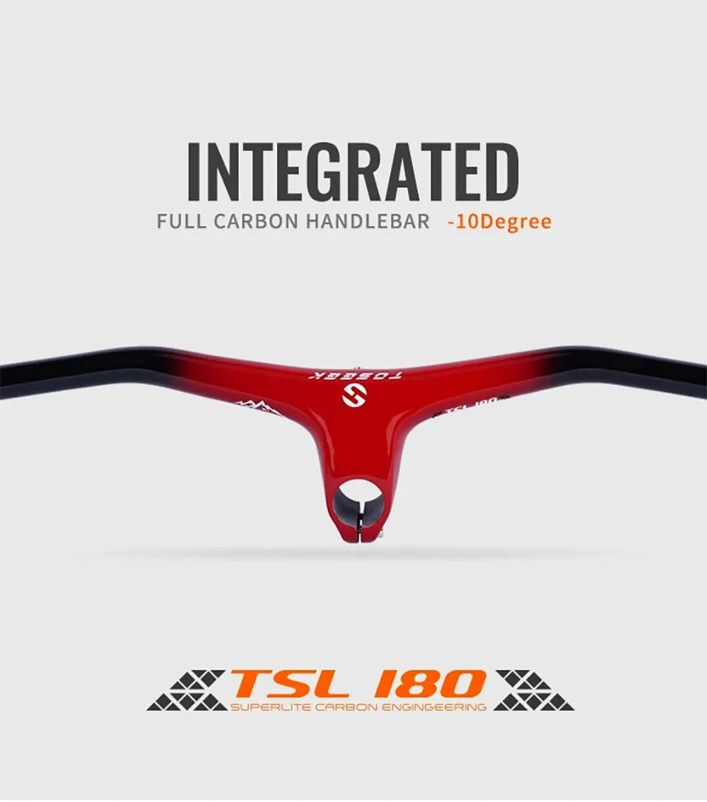Carbon Mountain Bike Handlebars and Stem -10Degree Integrated MTB Handlebar Width 600-780mm Bicycle Handlebar Bicycle Handlebar and 70-110mm Stem for Mountain Bike (Red,740x100mm)