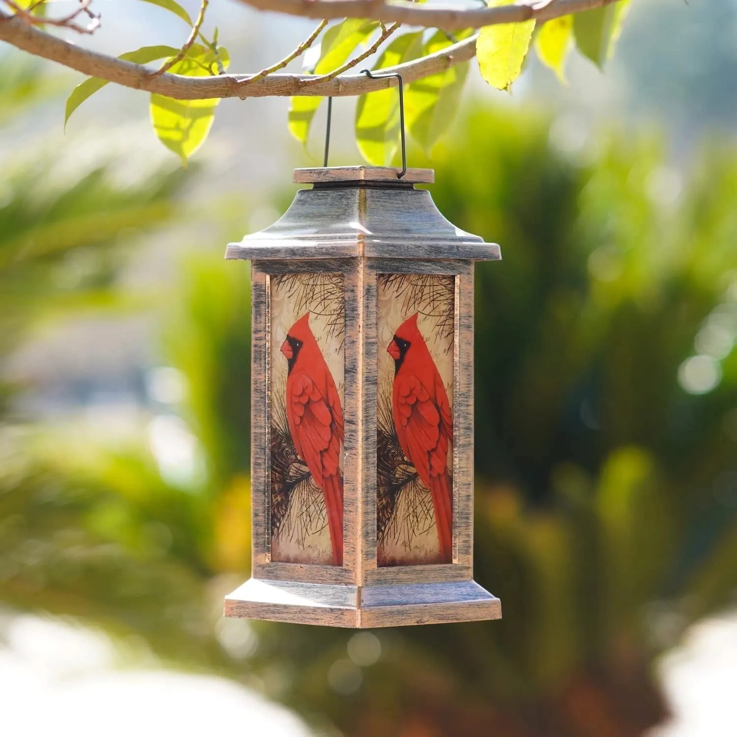 Cardinal Bird Lantern - Outdoor Hanging Light, Rustic Wildlife Decor