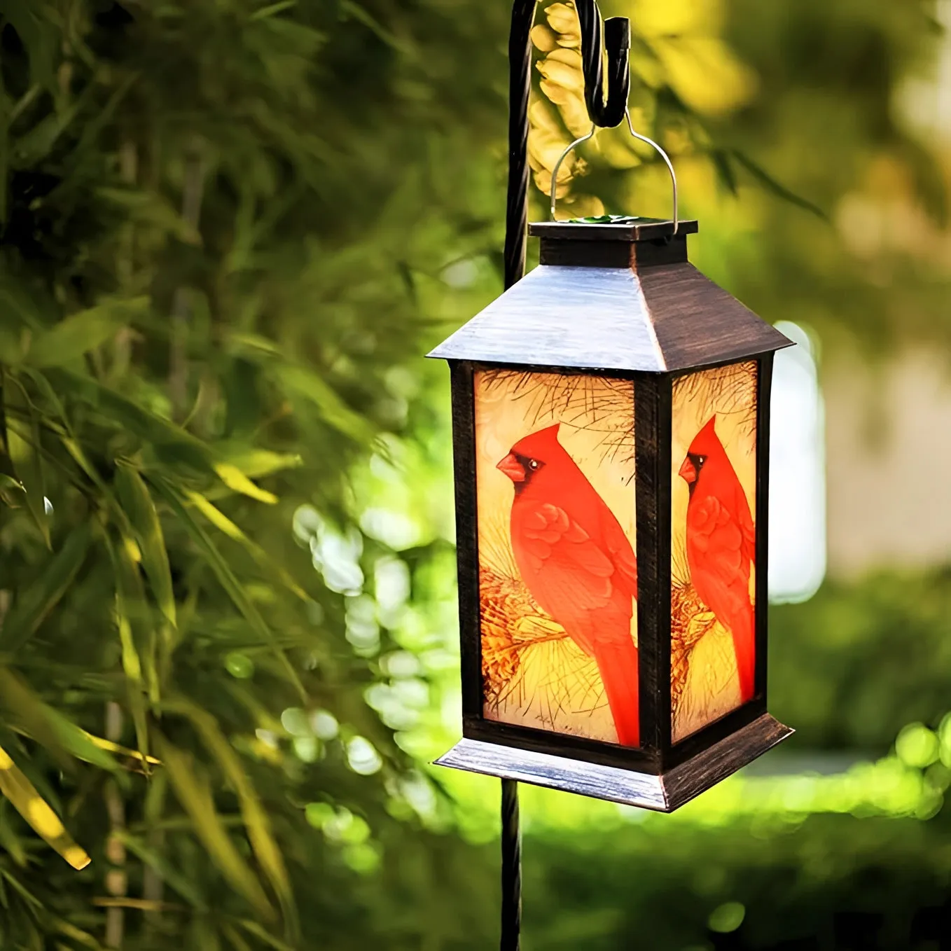 Cardinal Bird Lantern - Outdoor Hanging Light, Rustic Wildlife Decor