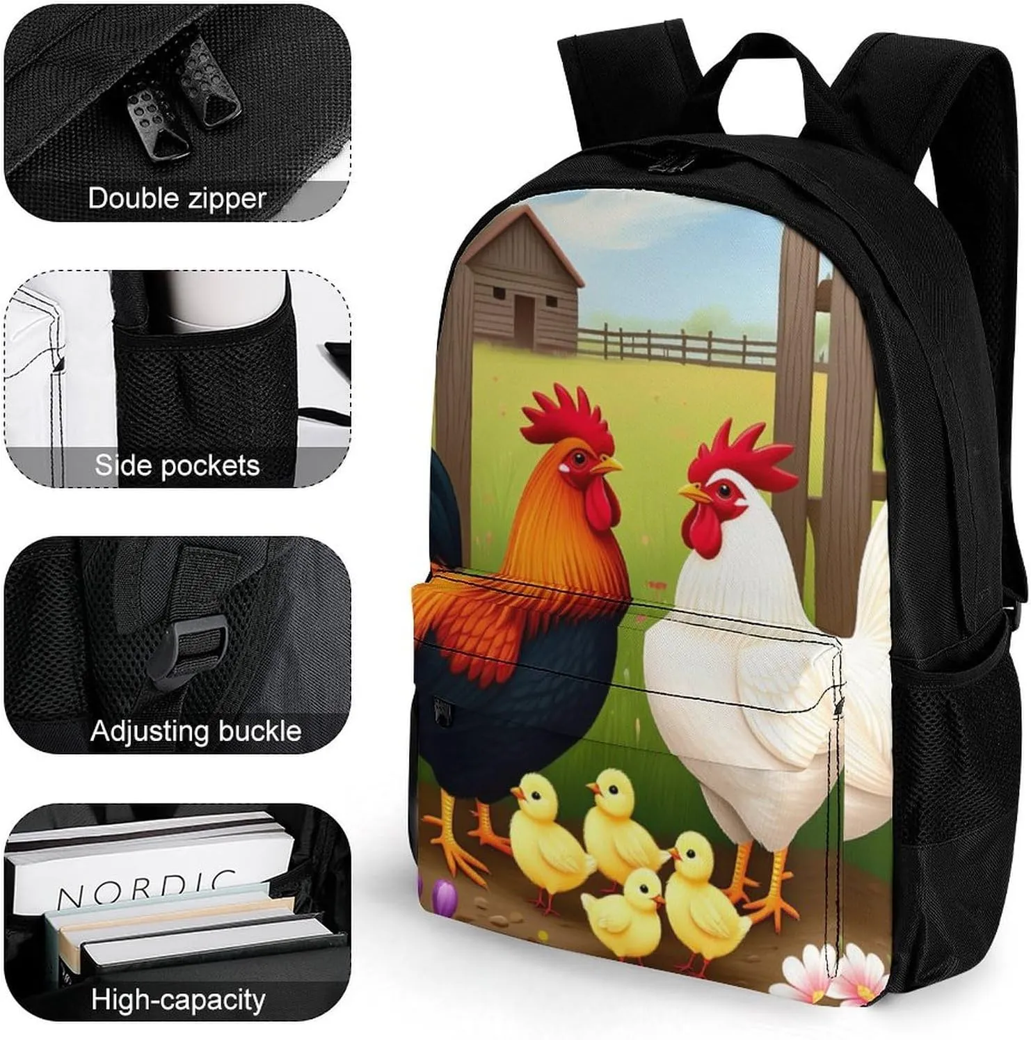 Casual Daypack Multipurpose Anti-Theft Large Capacity Carry On Bag - Chicken Rooster Garden Flowers Art Casual Daypack Climbing Shoulder Bag With Padded Straps