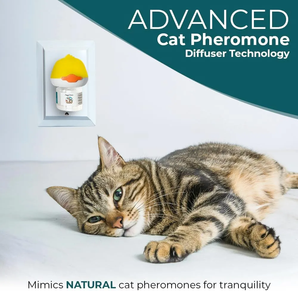 Cat Calming Diffuser for Stress Relief - Natural Cat Deterrent Spray to Reduce Stress, Spraying & Aggressive Behavior - Easy-to-Use Cat Diffuser Calming Solution for a Peaceful Home. 60 Day Supply