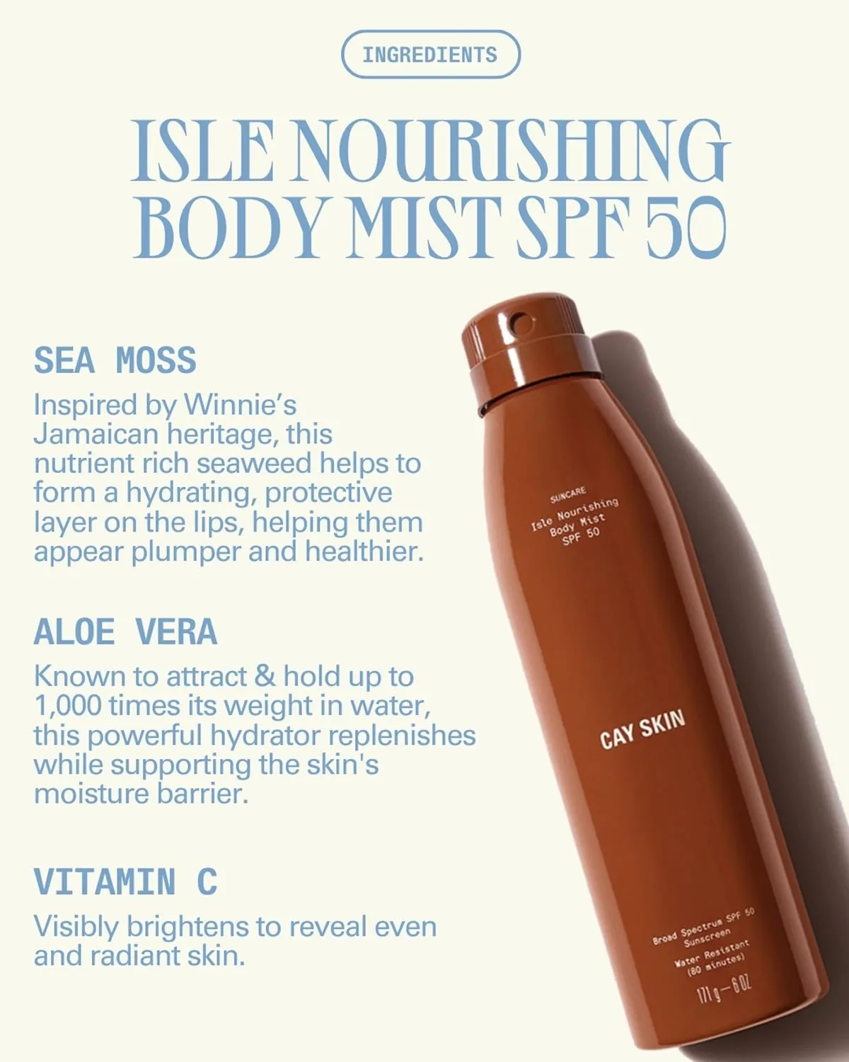Cay Skin Isle Nourishing Body Mist SPF 50 – Broad Spectrum Sunscreen Spray with Ultra Fine Mist – Vegan, Reef Safe, Hydrating Lotion with Natural Finish for All Skin Types – 2-Pack, 6 oz