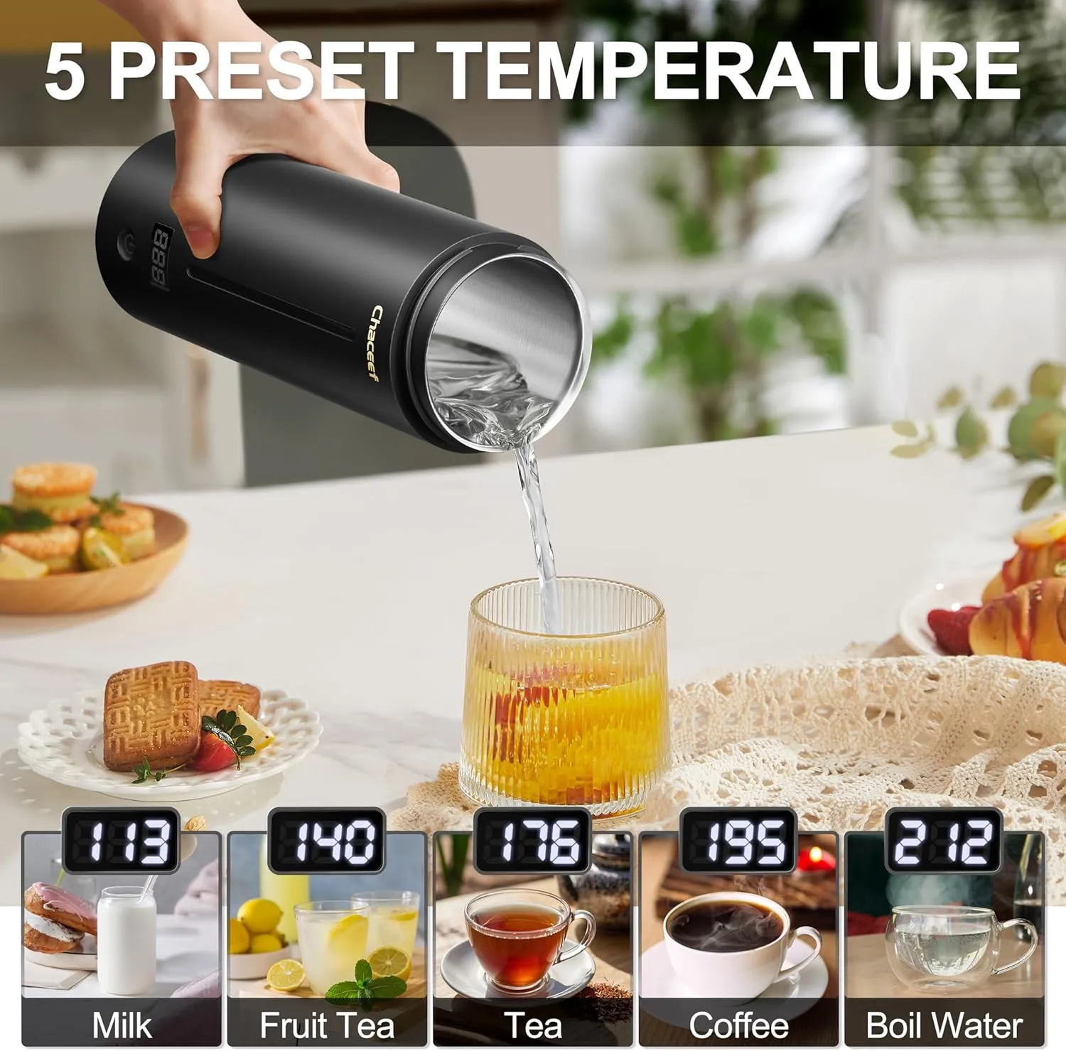 CHACEEF Travel Kettle 𝐔𝐩𝐠𝐫𝐚𝐝𝐞𝐝, Portable Electric Kettle, 350ml Small Electric Kettle with 5 Variable Presets, 304 Stainless Steel Hot Water Boiler with Auto Shut-Off & Boil Dry Protect, Black