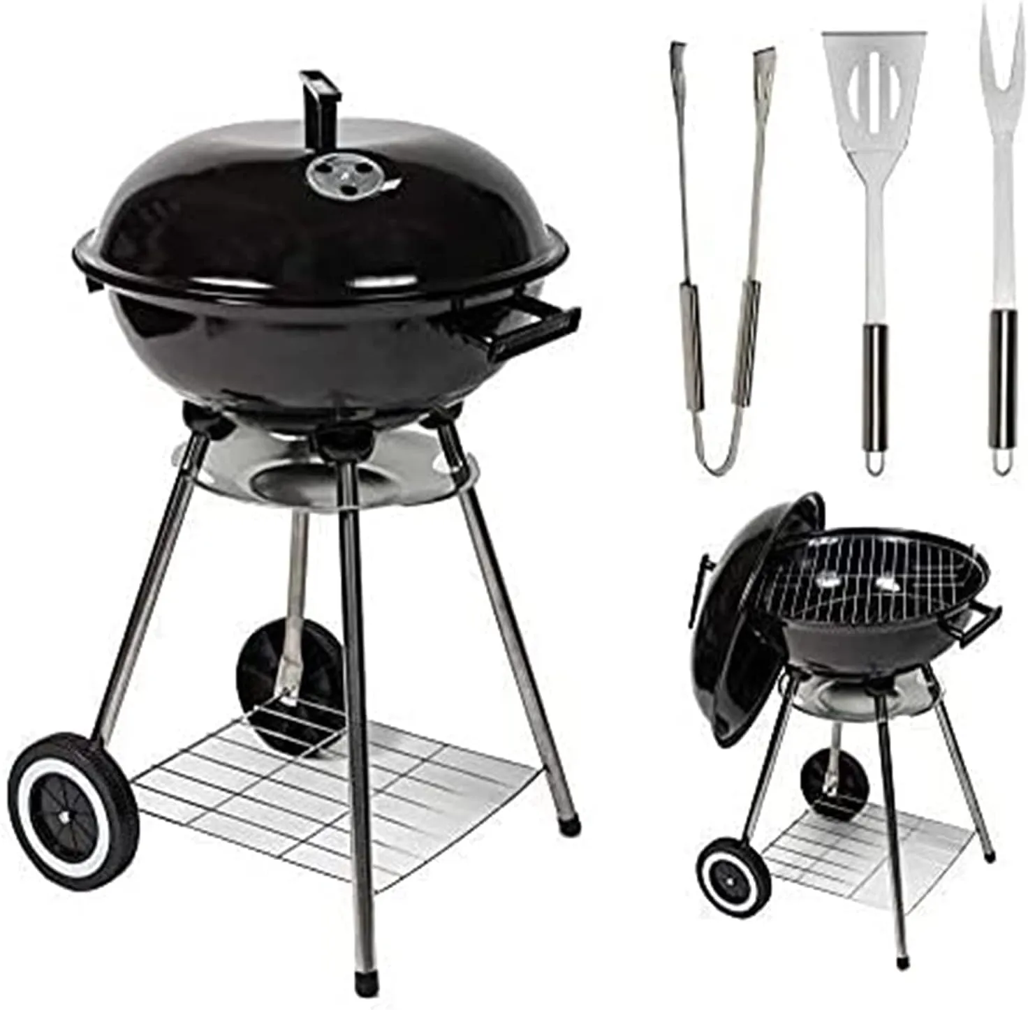 Charcoal Barbecue Kettle Portable Grill BBQ with Thermometer Temperature Gauge, Lid & 3 Cooking Utensils - 17" Cooking Area