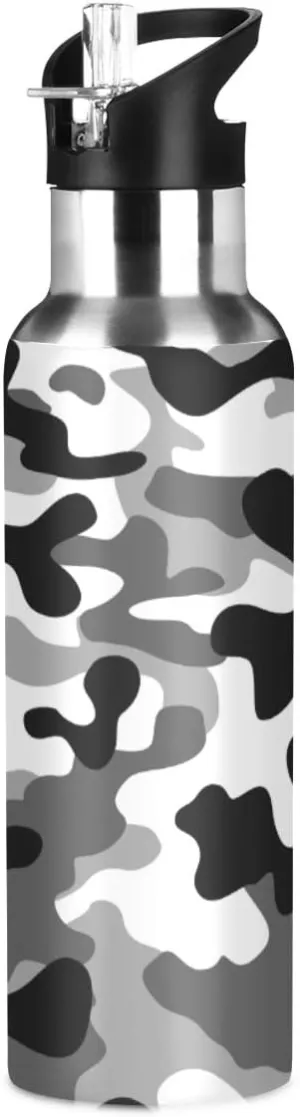 Charcoal Black White Grey Camo Water Bottle Acuum Insulated Stainless Steel Leakproof Wide Mouth Kettle with Straw Lid for Fitness Gym Outdoor Sports