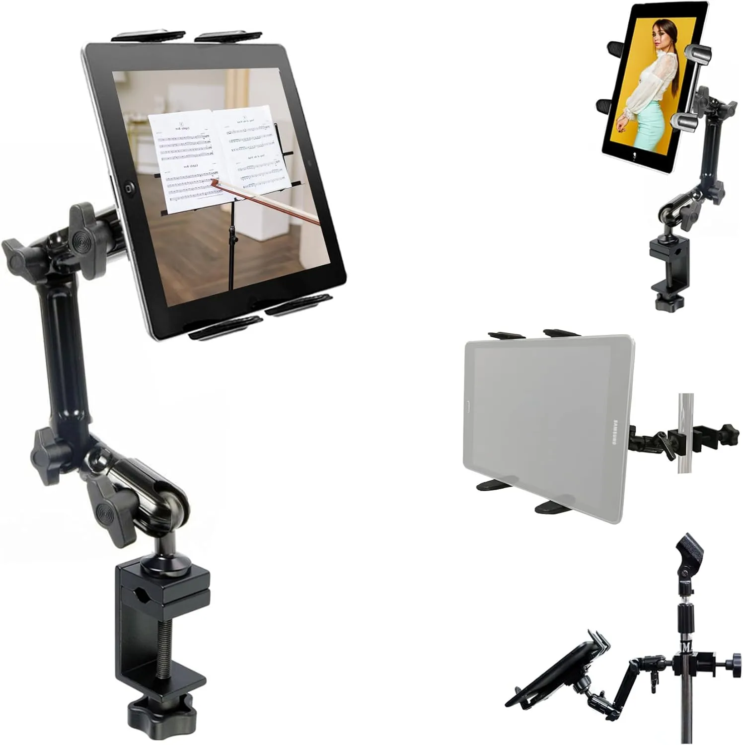 ChargerCity Heavy Duty 4-Way Adjust Aluminum Alloy Pole/Bar Music Mic Microphone Stand Clamp Mount for iPad Pro Air Mini Galaxy Surface Pro 7-12" Tablets (Good for Uber Eat Doordash Postmate salso)