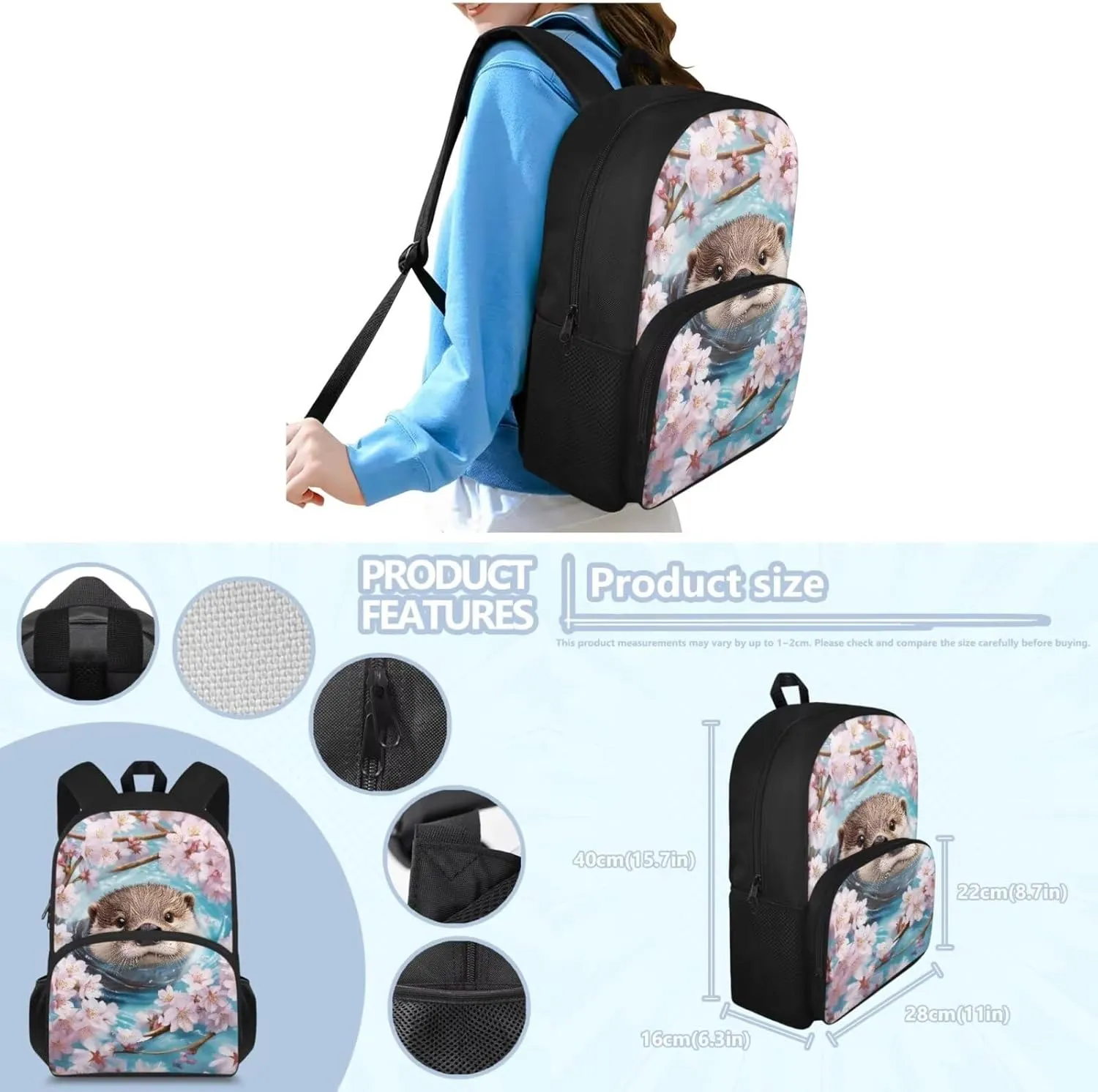 Cherry Blossom Otter Backpack for Little Girls School Backpack and Lunch Bag Set for Girls Zipper Lightweight Materials Bookbag 4-In-1 Efficient System Elementary Preschool