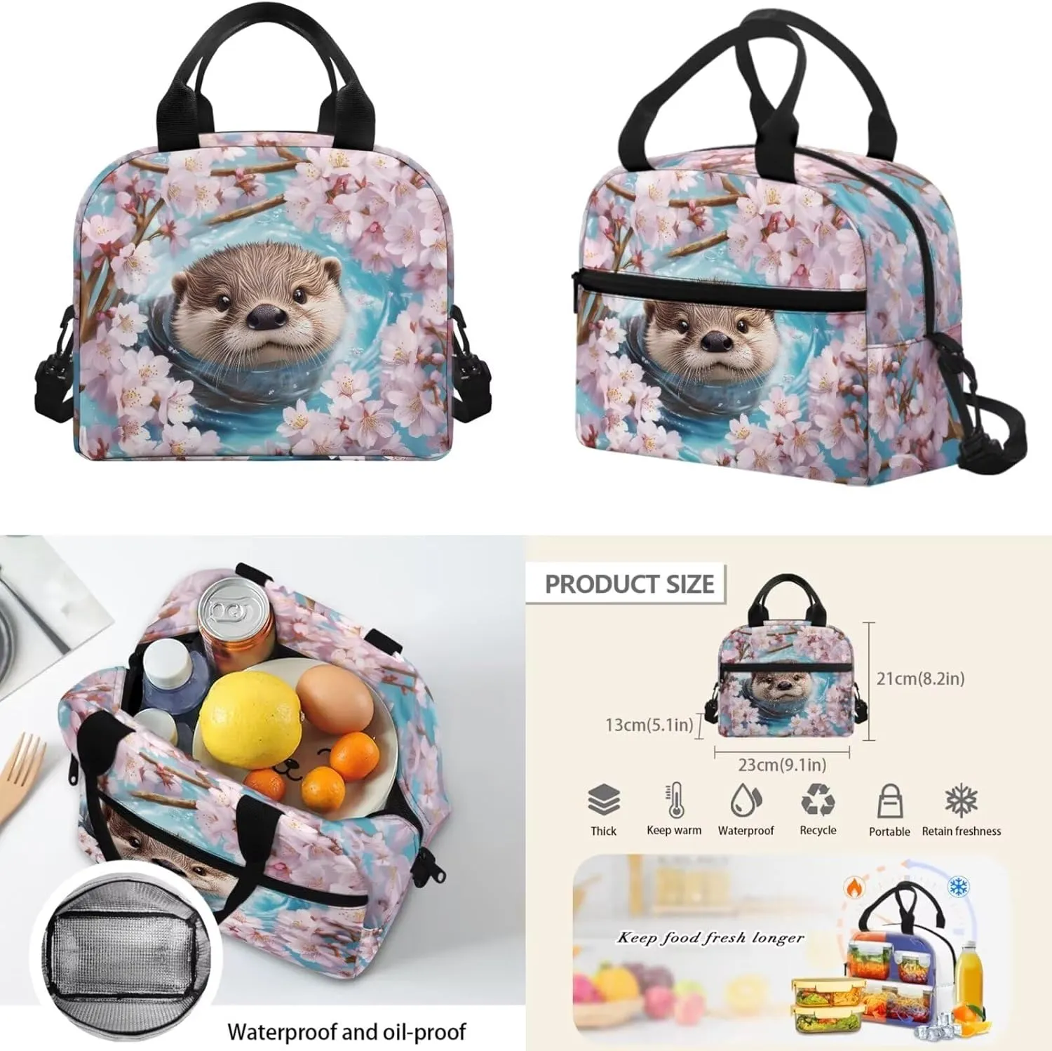 Cherry Blossom Otter Backpack for Little Girls School Backpack and Lunch Bag Set for Girls Zipper Lightweight Materials Bookbag 4-In-1 Efficient System Elementary Preschool
