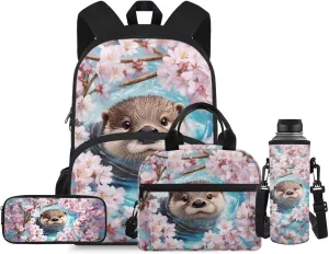 Cherry Blossom Otter Backpack for Little Girls School Backpack and Lunch Bag Set for Girls Zipper Lightweight Materials Bookbag 4-In-1 Efficient System Elementary Preschool