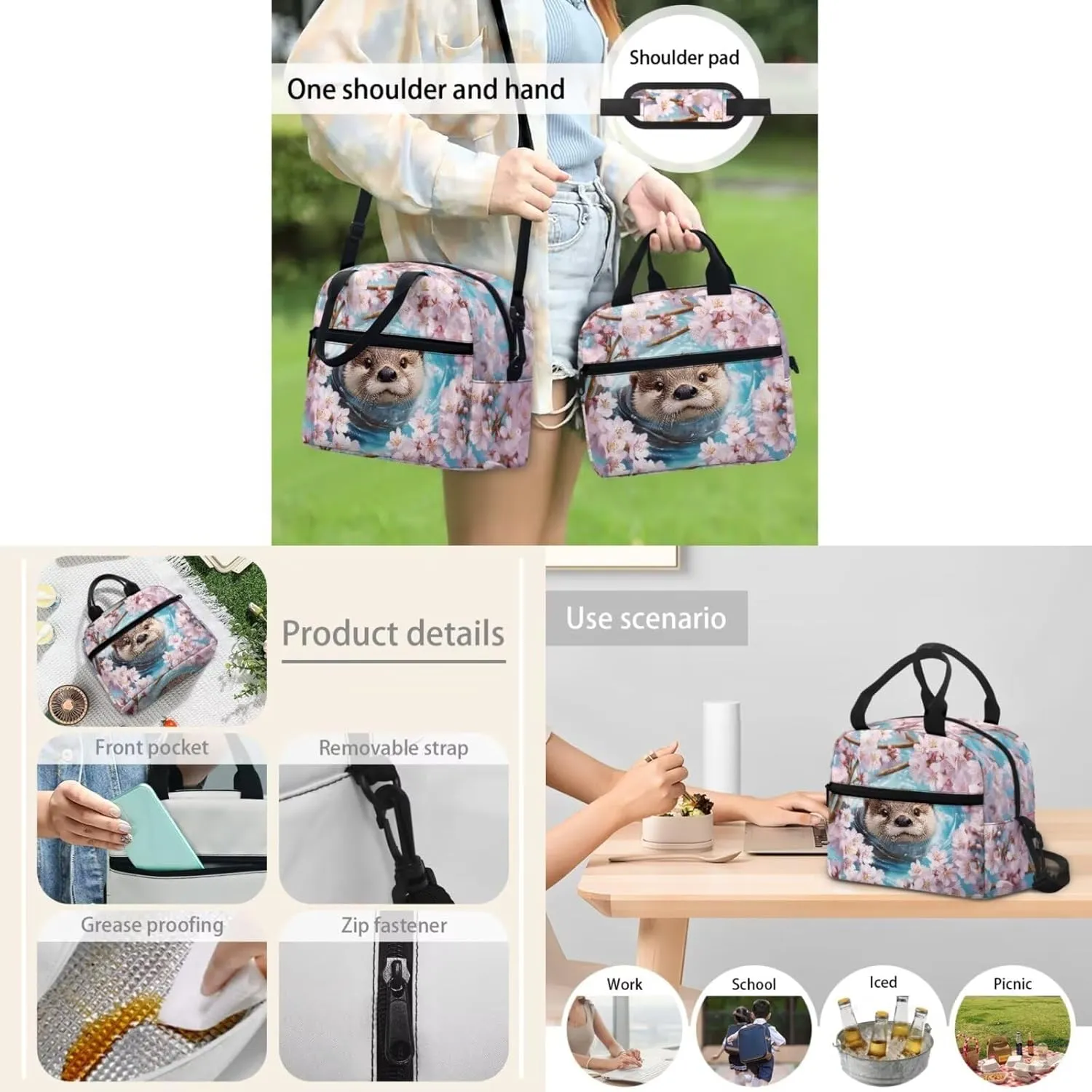 Cherry Blossom Otter Backpack for Little Girls School Backpack and Lunch Bag Set for Girls Zipper Lightweight Materials Bookbag 4-In-1 Efficient System Elementary Preschool