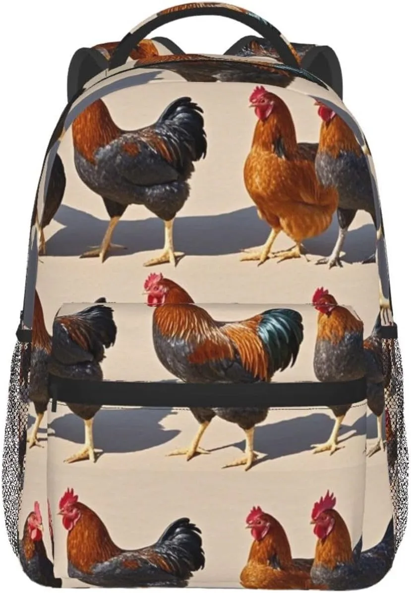 Chicken Rooster Art Rucksacks Lightweight Multipurpose Anti-Theft Shoulder Bag Big Capacity Traveling & Camping Backpack With Side Pockets