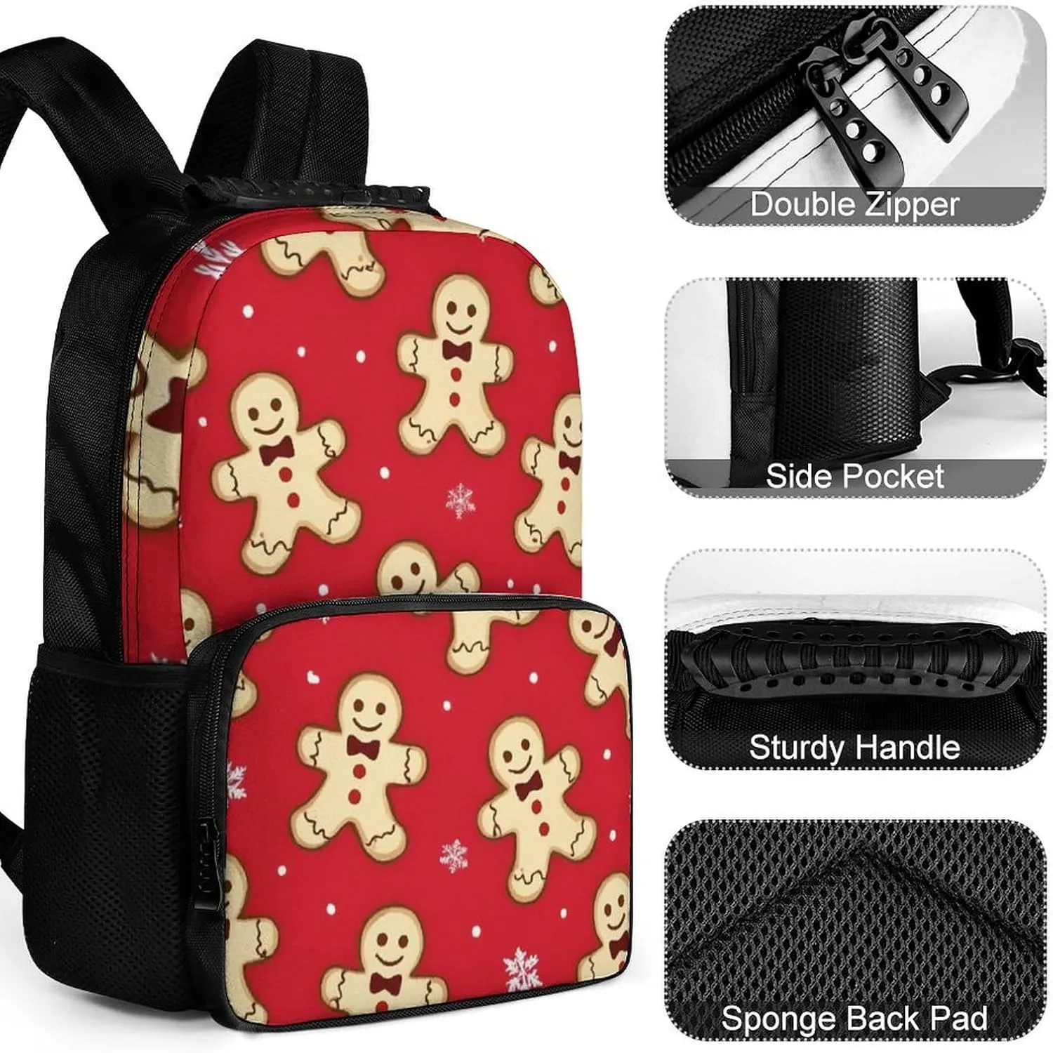 Christmas Red Polka Dots Snowflakes Gingerbread Cookies Daypack Polyester Anti-Theft Multipurpose Bookbag Big Capacity Gym Outdoor Hiking Backpack With Adjustable Shoulder Straps