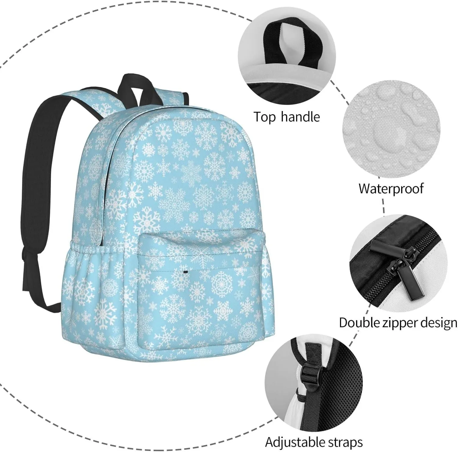 Christmas Snowflakes White Blue Backpack Casual Laptop Backpack Large Capacity Double Shoulder Bag Travel Daypack For Women Men