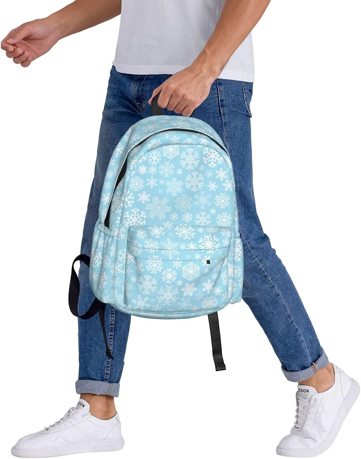 Christmas Snowflakes White Blue Backpack Casual Laptop Backpack Large Capacity Double Shoulder Bag Travel Daypack For Women Men