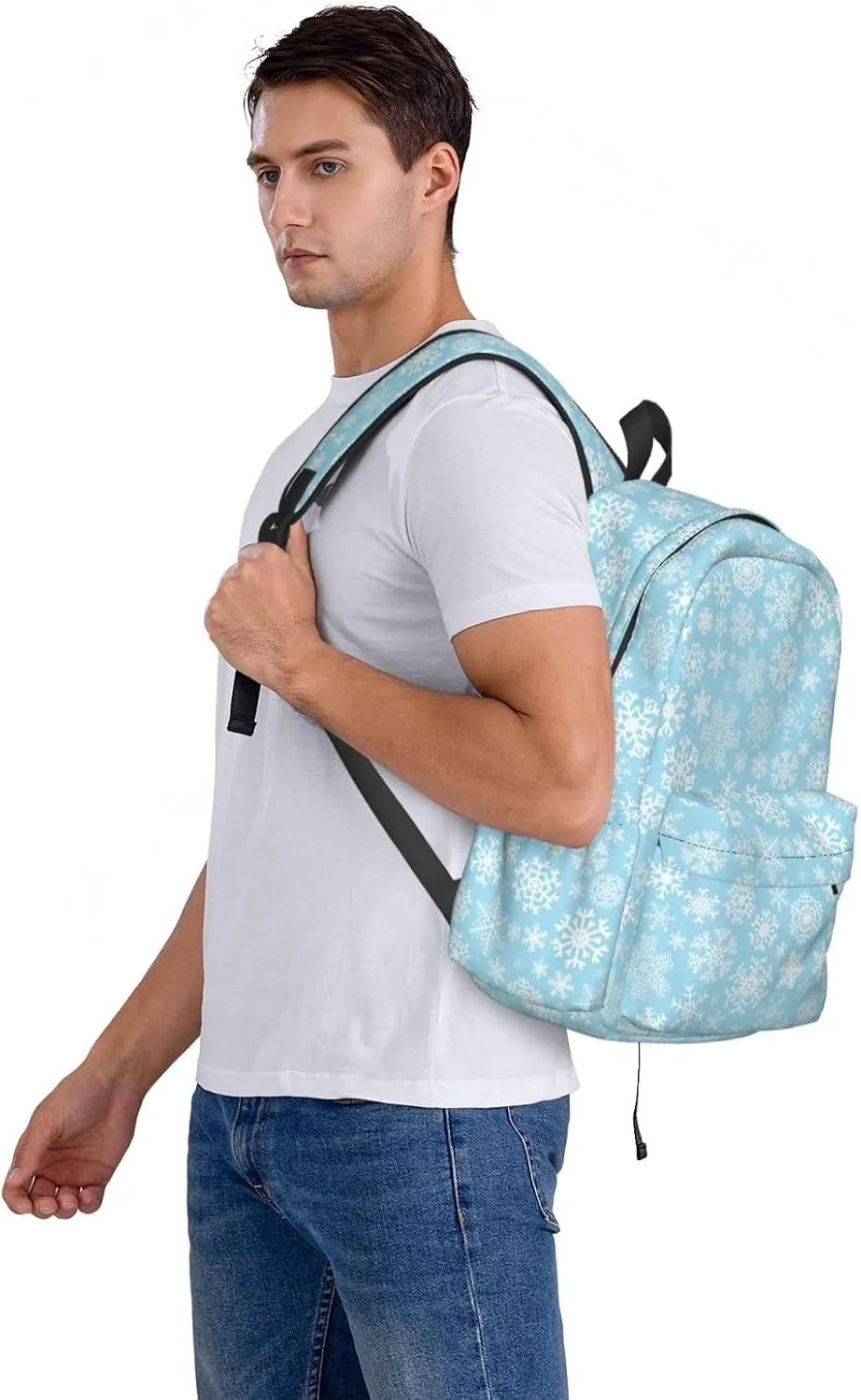 Christmas Snowflakes White Blue Backpack Casual Laptop Backpack Large Capacity Double Shoulder Bag Travel Daypack For Women Men