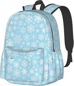 Christmas Snowflakes White Blue Backpack Casual Laptop Backpack Large Capacity Double Shoulder Bag Travel Daypack For Women Men