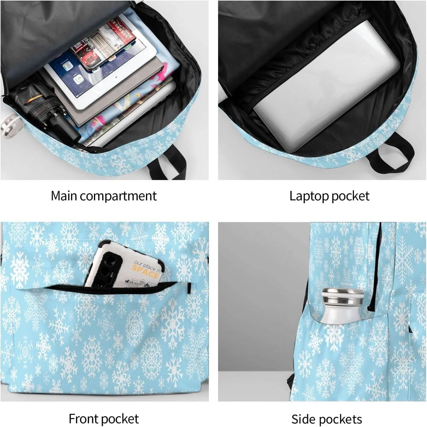 Christmas Snowflakes White Blue Backpack Casual Laptop Backpack Large Capacity Double Shoulder Bag Travel Daypack For Women Men