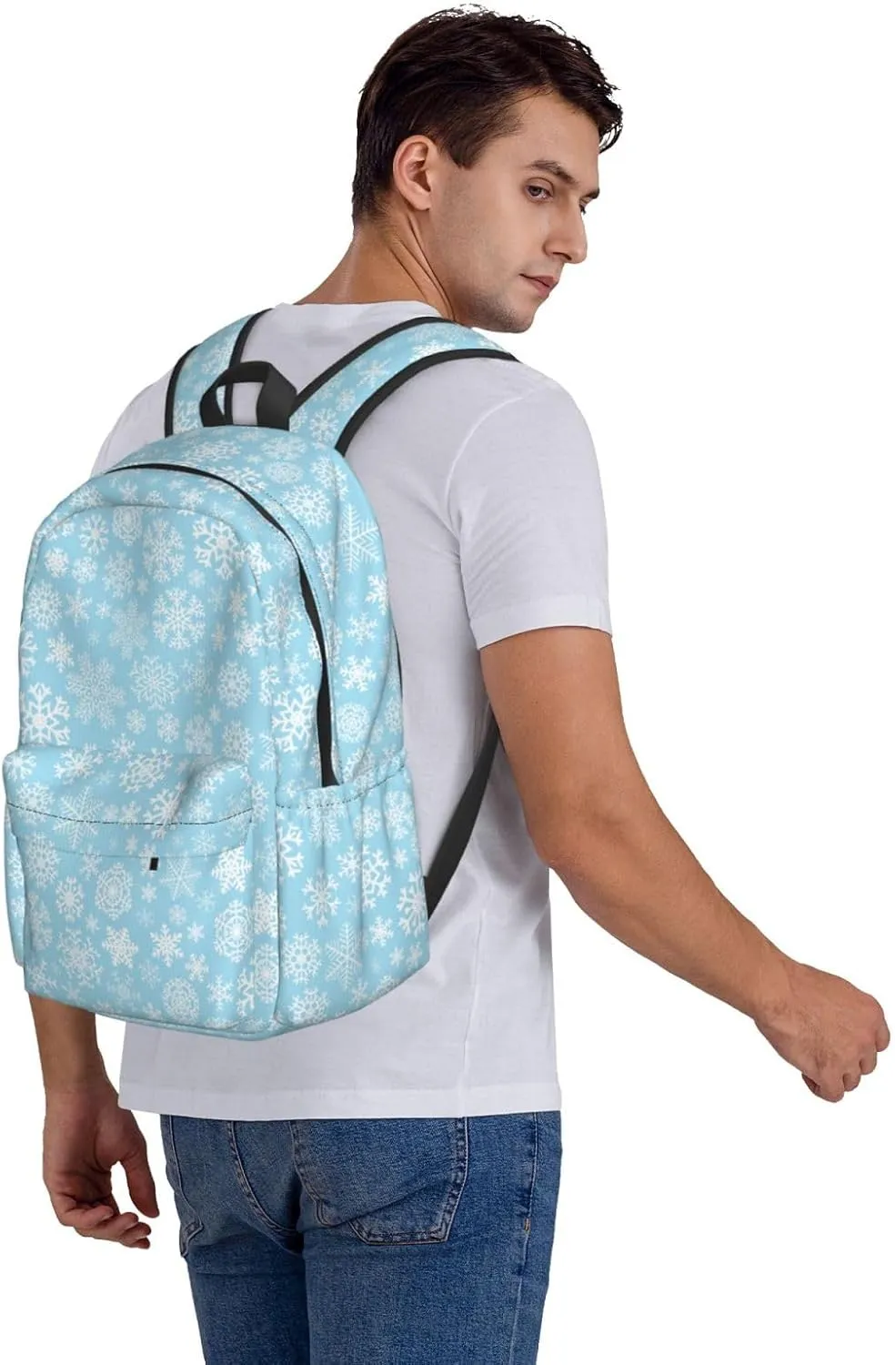 Christmas Snowflakes White Blue Backpack Casual Laptop Backpack Large Capacity Double Shoulder Bag Travel Daypack For Women Men