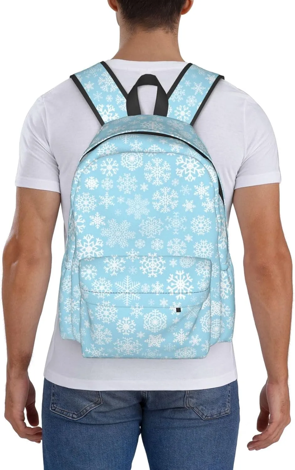 Christmas Snowflakes White Blue Backpack Casual Laptop Backpack Large Capacity Double Shoulder Bag Travel Daypack For Women Men