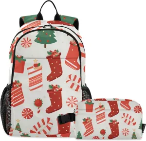 Christmas Tree Candy Stocks Lightweight Backpack for Kids School Bookbag with Lunch Bag Set for School Outside Activities Travel