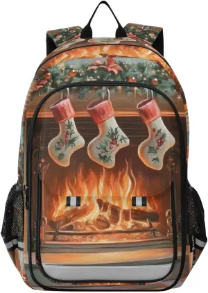 Christmas Tree Stocking Fireplace Backpack Travel Laptop Daypack Shoulder Bag Book Bag Daypack with Reflective Strip 12.9 ×17.7 In