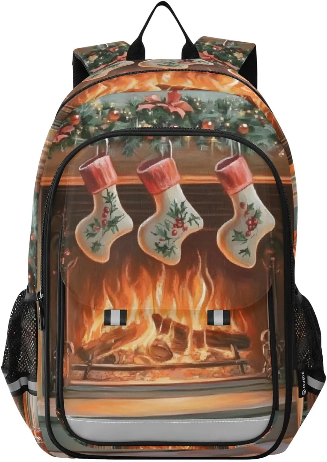 Christmas Tree Stocking Fireplace Backpack Travel Laptop Daypack Shoulder Bag Book Bag Daypack with Reflective Strip 12.9 ×17.7 In